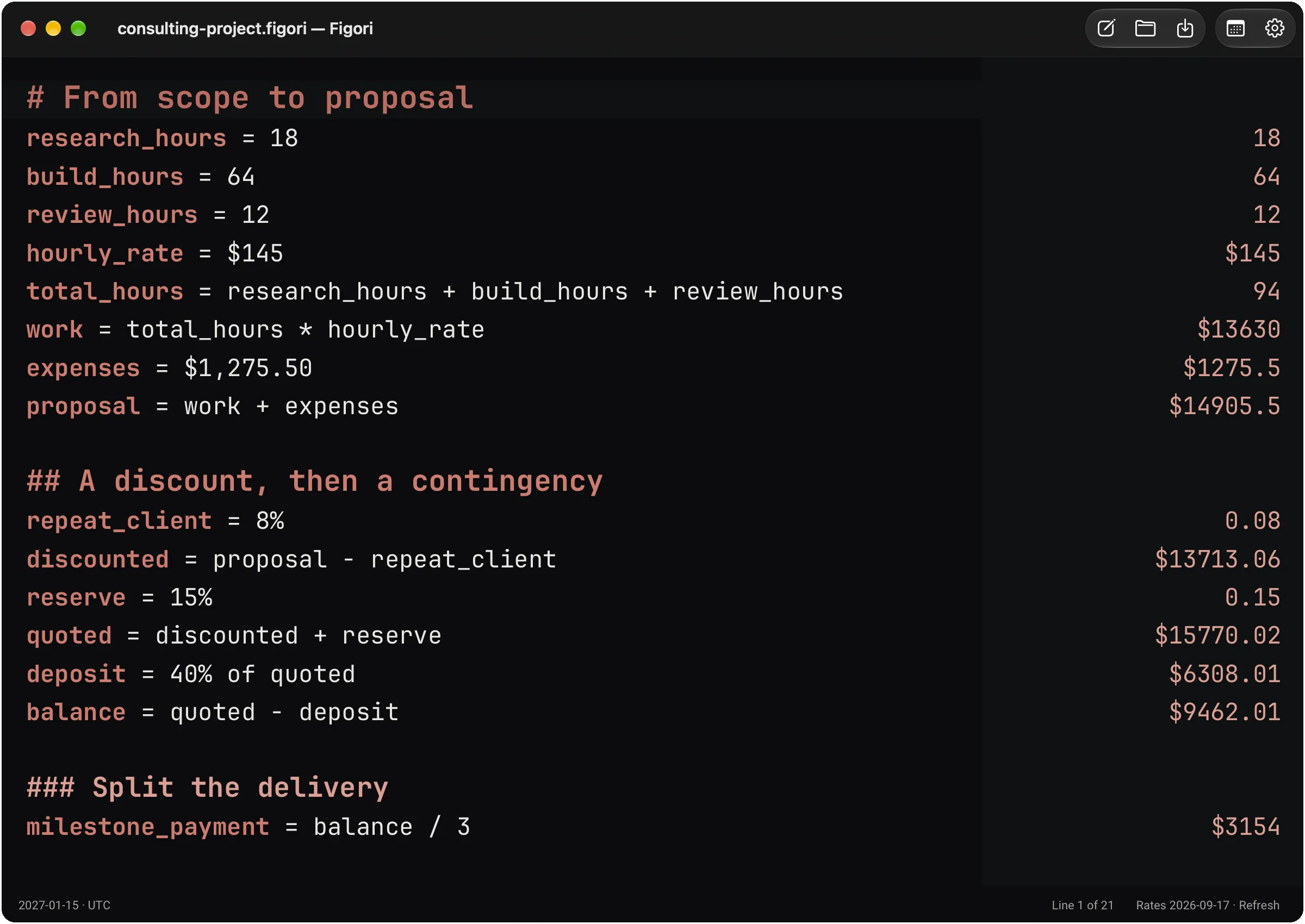 Figori worksheet with a project quote calculated line by line