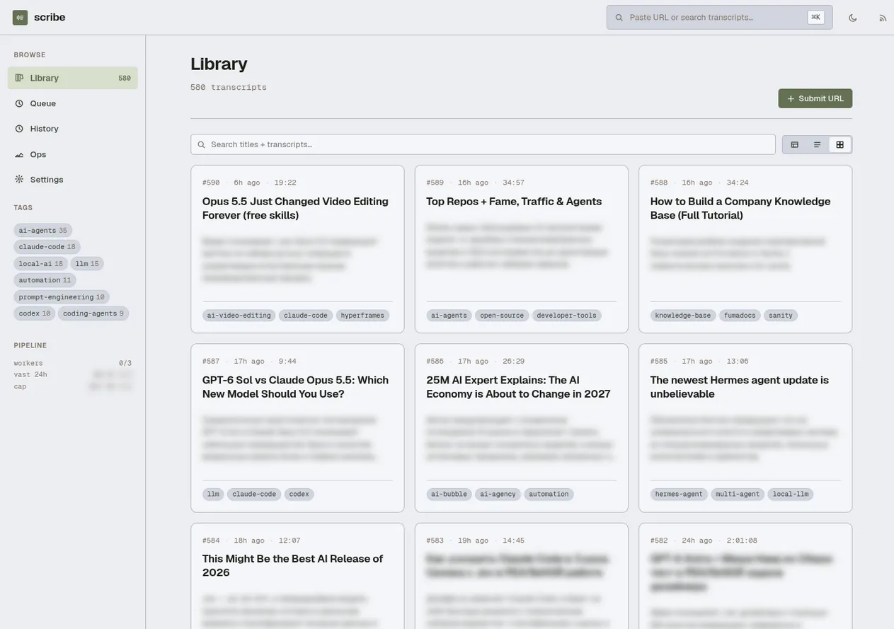Scribe library with transcripts, summaries and tags